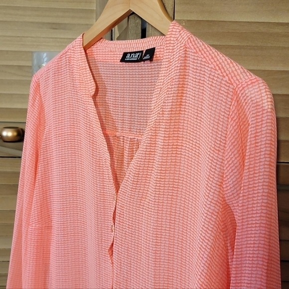 A.N.A Petite Medium PM Sheer Blouse Coral White Hearts Henley Roll Tab Sleeve - Picture 3 of 8